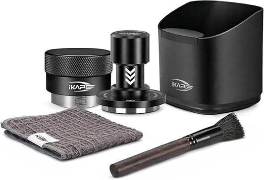 IKAPE Espresso Impact Tamper & Gravity Distributor Set 58.35mm – Complete Barista Kit with Knock Box, Cleaning Brush & Towel – Professional Coffee Accessories for Home Espresso