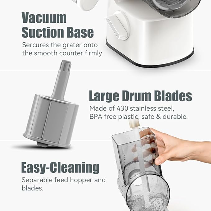 Safe Vegetable Mandoline Slicer Large Multifunctional Rotary Cheese Grater Hand Crank Easy Rotating Veggie Shredder Anti-Cutting, 3 Interchangeable Blades (WhiteGrey)