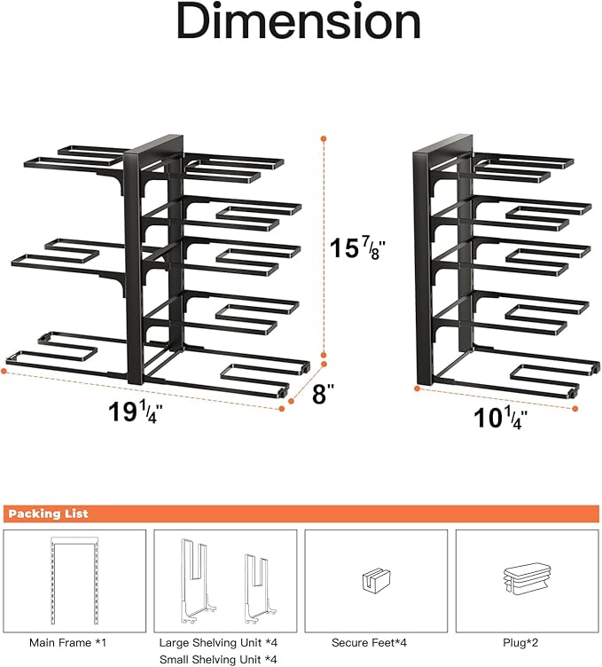 ORDORA Pots and Pans Organizer Rack for Cabinet, 15.83" Height 8-Tier Heavy Duty 120LBS Pot Pan Organizer under Cabinet Adjustable for Dutch Oven, Cast-iron Pan, Heavy Skillets Griddles, Shallow Pot