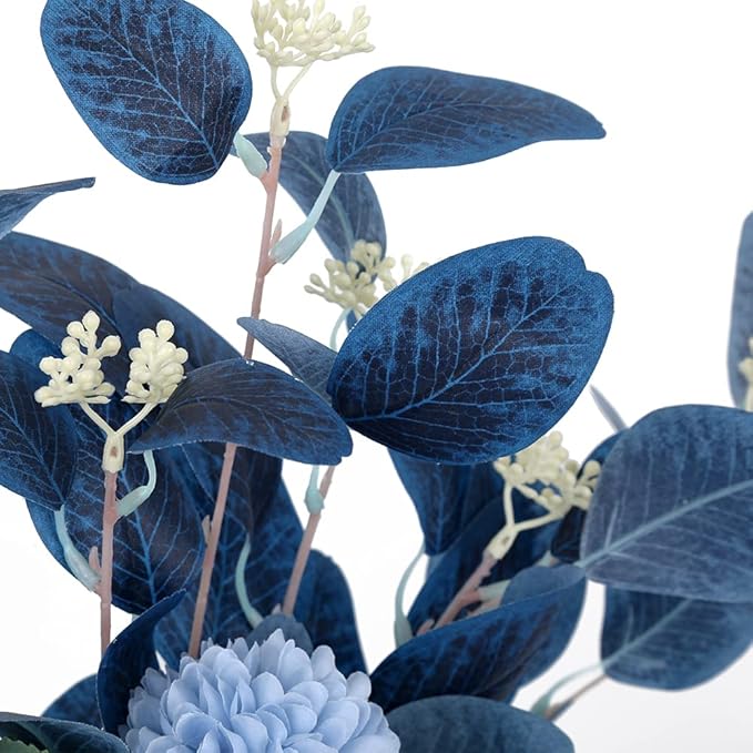 Blue Chrysanthemum Silk Flowers for Decoration Faux Flowers Bouquet for Vase Home Decor Indoor Table Centerpieces Dining Room Floral Arrangement (Without Vase, Dark Blue)