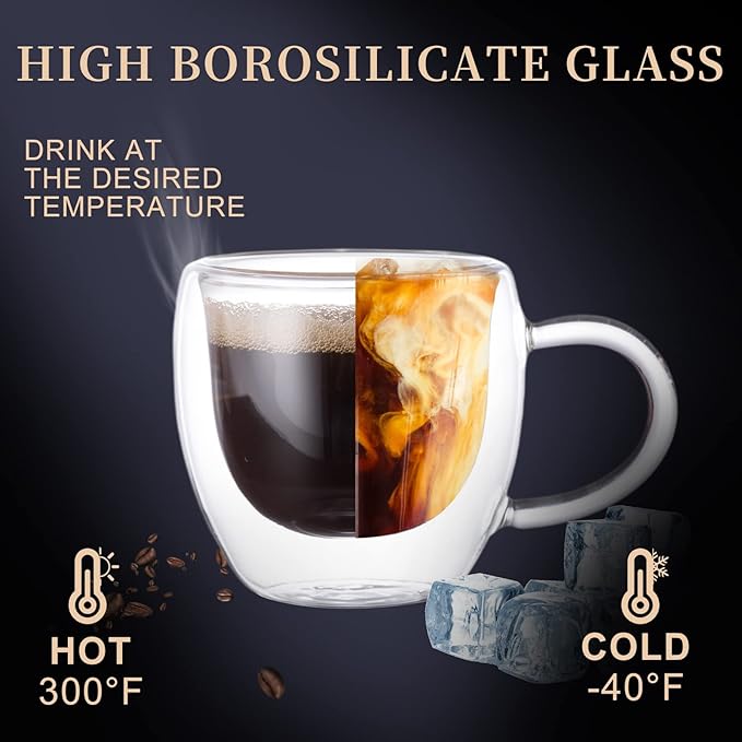 PARACITY Espresso Cups Set Of 2, Double Wall Insulated Glass Coffee Mugs 5.5 OZ, Cappuccino Cups with Handle, Clear Glass Coffee Cups Travel Camping for Cappuccino/Latte/Tea/Shots … (5.5OZ)