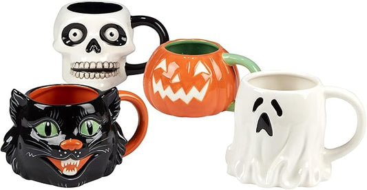 Scaredy Cat 3-D Ceramic Halloween Mugs, Set of 4 – Add spooky fun to your fall mornings with ghost, pumpkin, skull, and black cat designs, perfect for coffee, cocoa, or festive party drinks