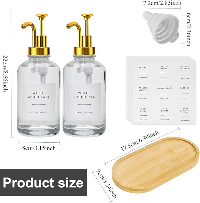 2 Pack 16oz Glass Coffee Syrup Dispenser with Gold Pump, Elegant Coffee Bar Accessories with Labels, Reusable Syrup Bottles for Kitchen, Café & Home Decor