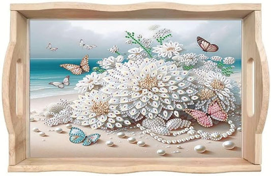 DIY Diamond Serving Tray Diamond Art Painting Creative Design Handmade Wooden Tray Dinner Plate for Coffee Breakfast Home Organizer-Beach Flowers