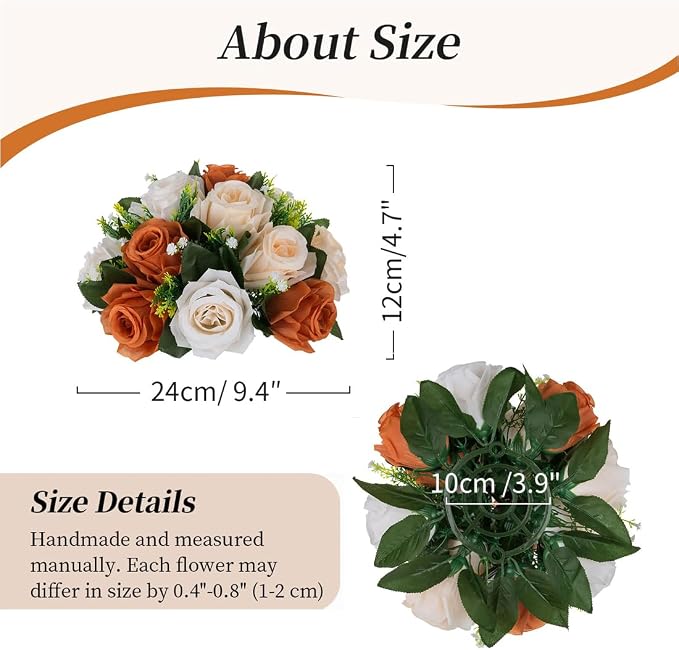 BLOSMON Flower Balls for Centerpieces Decoration: 2 Pcs Terracotta Artificial Rose Kissing Balls for Table - Fall Fake Silk Floral Bouquet with Base Arrangements for Home Party Room DIY Decor