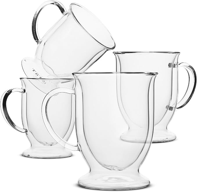 BTaT- Double Walled Glass Coffee Mugs, 16 oz, Set of 4, Glass Coffee Cups with Handle, Insulated Clear Coffee Mug for Hot and Cold Beverages, Cappuccino, Latte, Tea, Americano, Microwave Safe