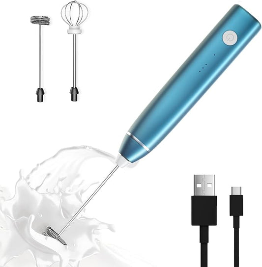 Milk Frother Rechargeable Handheld Electric Whisk Coffee Frother Mixer with 2 Stainless whisks 3 Speed Adjustable Foam Maker Blender for Coffee Matcha Latte Cappuccino Hot Chocolate（C-Blue）