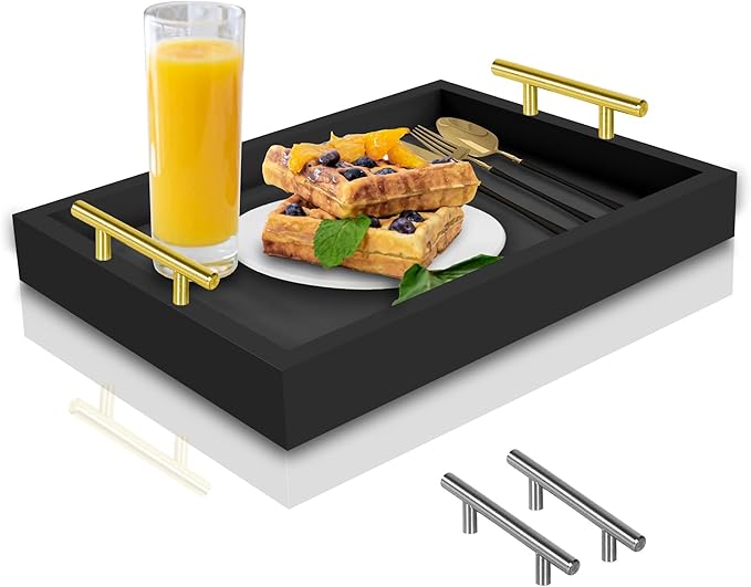 JollyCaper - Coffee Table Tray - with Gold and Silver Metal Handles for Serving, Home Decor, Bathroom, Ottoman Design, Wooden Tray 16x12in (Black)