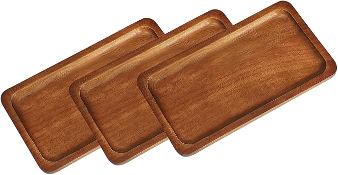 Small Wooden Tray (7.5 x 4.1 inch) 3 Pack, Rectangular Mini Tray | Serving Tray for Coffee Tables, Dessert, Snack, Fruit, Acacia Wood Platter for Vegetable, Decor Restaurant