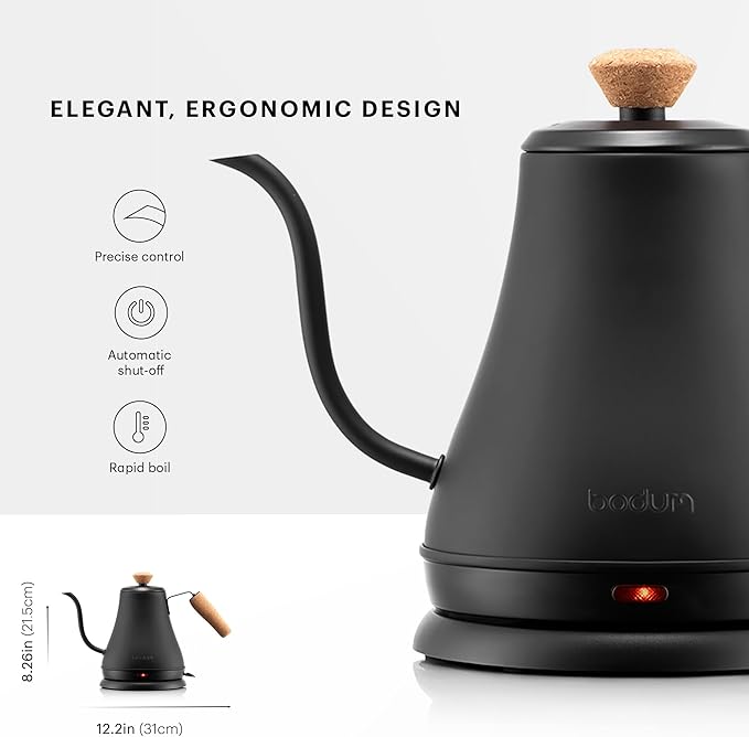 Bodum 27oz Bistro Gooseneck Electric Water Kettle,Pour Over Coffee & Tea,Stainless Steel,Matte Black,(Pack of 4)
