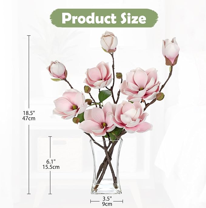 Briful Artificial Magnolia Flower Arrangement with Glass Vase, 18.5in Pink Faux Magnolia Flowers Fake Floral Centerpiece for Eleglant Home Office Room Table Shelf Décor