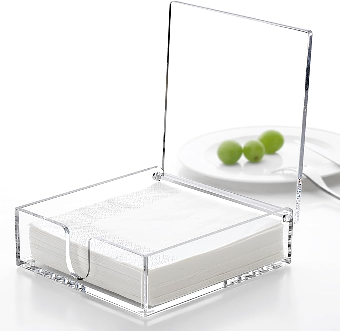 DINGHUO Acrylic Napkin Holder, 7"x 7"x 2.4" Flat Luncheon Napkin Dispenser with Lid, Clear Flip-top Waterproof Paper Napkin Container Organizer for Table, Kitchen, Indoor & Outdoor, Bathroom Vanity