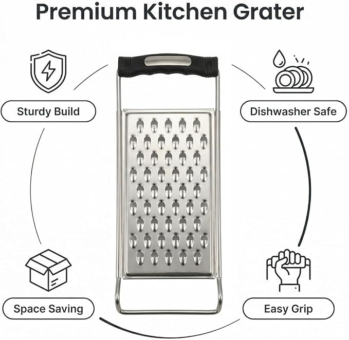 NACOLUS Stainless Steel Cheese Grater with Ergonomic Handle - Coarse Kitchen Grater & Shredder for Parmesan, Vegetables, Chocolate - Classic Design, Dishwasher Safe, Easy Grip (Coarse Grater)