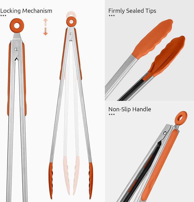 600ºF Heat Resistant Kitchen Tongs: U-Taste 16 inch Extra Long Large Silicone Cooking Tong with Sturdy Non Stick Rubber Tips & Non Slip Silicon Coated 18/8 Stainless Steel Handle for Grill BBQ(Orange)