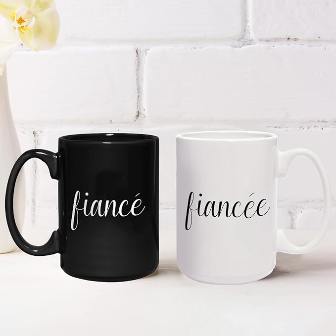 Canopy Street Fiance And Fiancee Mugs / 2 Jumbo 15 Ounce Engaged Couple Black And White Matching Ceramic Mugs/Modern Newlywed Relationship Engagement Cup Set/Wedding Coffee Drinkware