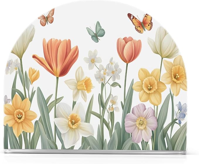 Tulips Daffodils Spring Flowers04 Napkin Holder for Tables Paper Cocktail Napkin Holders for Kitchen Dinning,Acrylic Dinner Napkin Dispenser for Restaurant Home Decor Bar Accessories 1 Pack