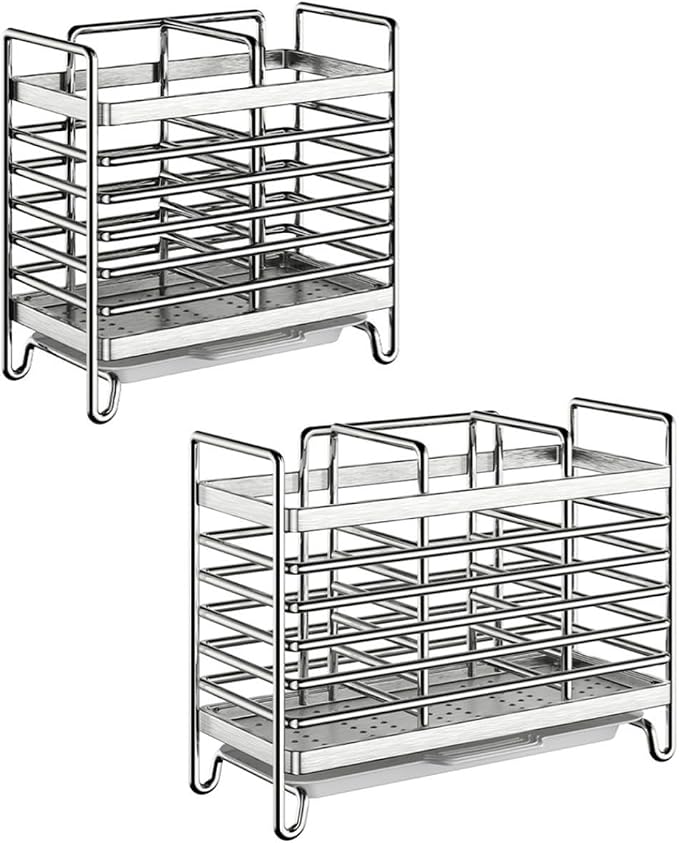 Stainless Steel Wall Mounted Utensil Holder and Countertop Drying Rack with Drain Tray for Kitchen Forks Spoons Chopsticks Silver 3 Compartments(3 Compartments)