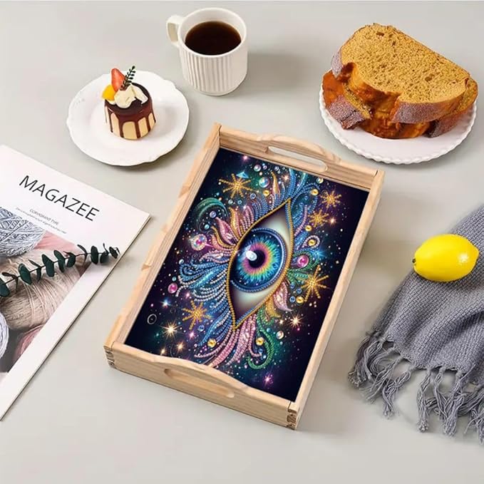 DIY Diamond Serving Tray Diamond Art Painting Creative Design Handmade Wooden Tray Dinner Plate for Coffee Breakfast Home Organizer-Eye