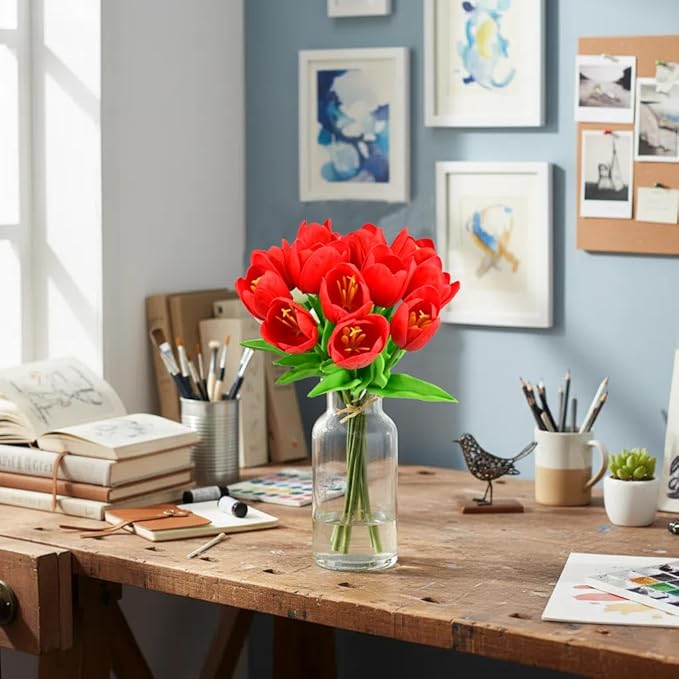 Mandy's Red Partially Open Artificial Tulips Flowers Centerpiece, 13.5" Lifelike PU Fake Floral Stems 12pcs for Kitchen Island & Dining Table, Spring Decor for Easter