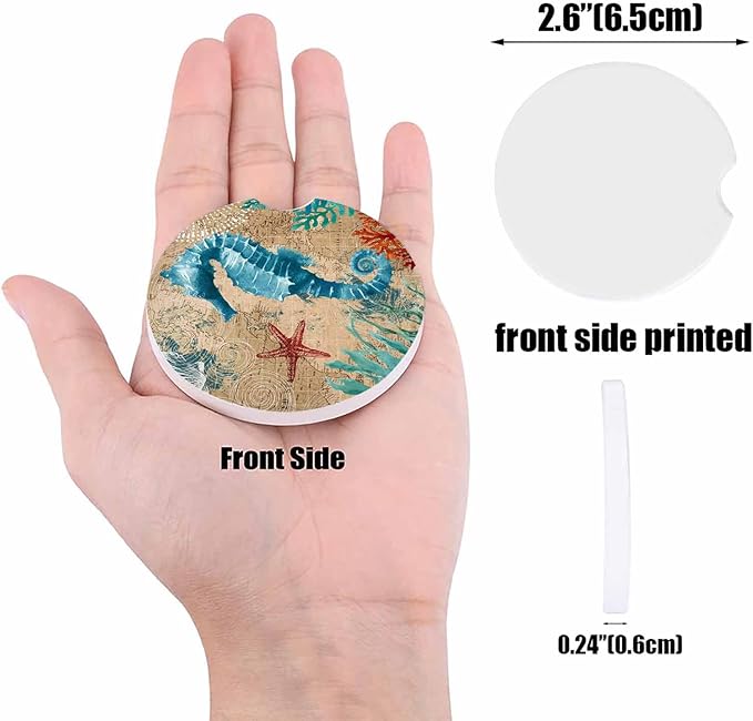 Small Car Coasters for Cup Holders 2.65" Absorbent 6 Pack Car Coaster Ceramic Stone for Drinks Absorb Water Drops Nautical Theme Sea Life Seahorse Starfish and Seaweed