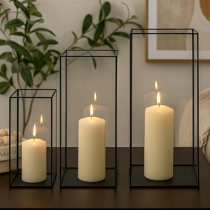 Koyal Wholesale Black Rectangular Glass Hurricane Candle Holders Tall Floor Lantern for Pillar Candles, Elegant Modern Candle Holder for Weddings, Events, or Entryway and Fireplace Décor Set of 3