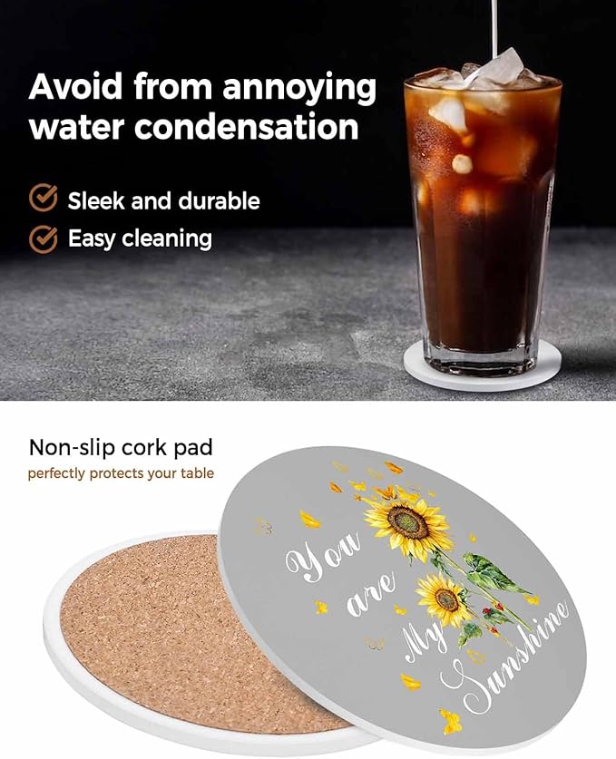 Coasters Set of 4 Sunflowers Drink Coasters with Holder Absorbent Stone Ceramic Cup Mat Grey Butterfly You are My Sunshine Coaster for Drinks Coffee Bar Office Kitchen Cafe Home Decor