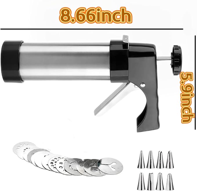 Stainless Steel Cookie Press Gun Kit with 13 Discs & 8 Piping Tips, Easy-to-Use Biscuit & Icing Gun for Baking and Cake Decorating, Perfect for DIY Christmas Cookies and Pastries.