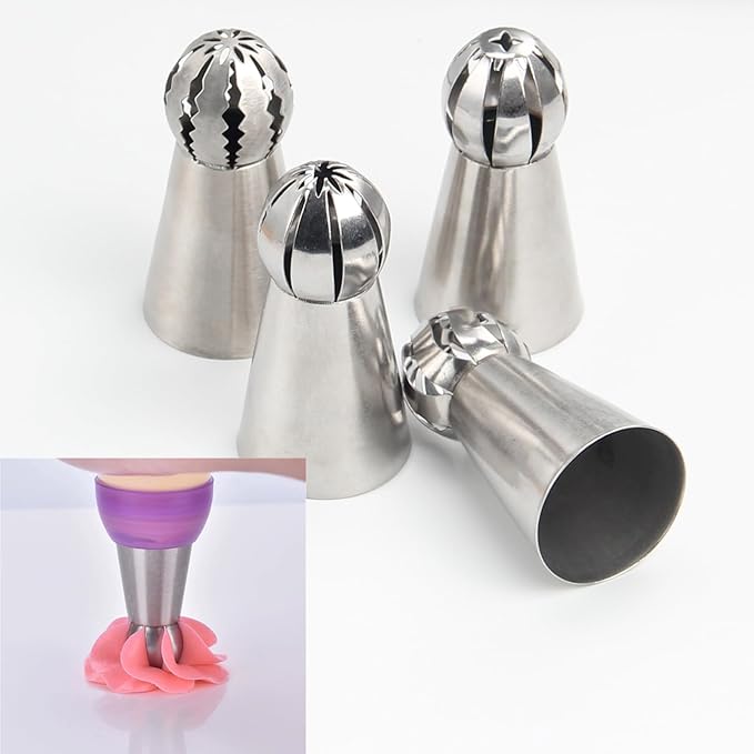 Russian Ball Piping Tip Set, 4-Piece Stainless Steel Cream Nozzles, Baking Tools Suitable for Ice Cream, Cookies, Cupcakes, and Cake Decorating