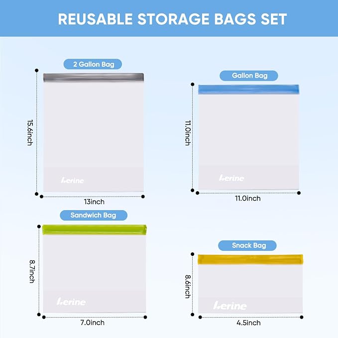 Lerine 6 Pack Reusable Freezer Bags Stand-Up Dishwasher Safe, BPA-Free Reusable 1 Gallon Bags, Leakproof Food Storage Bags for Meat Vegetables Bread Travel (Multicolor, 6Gallon)