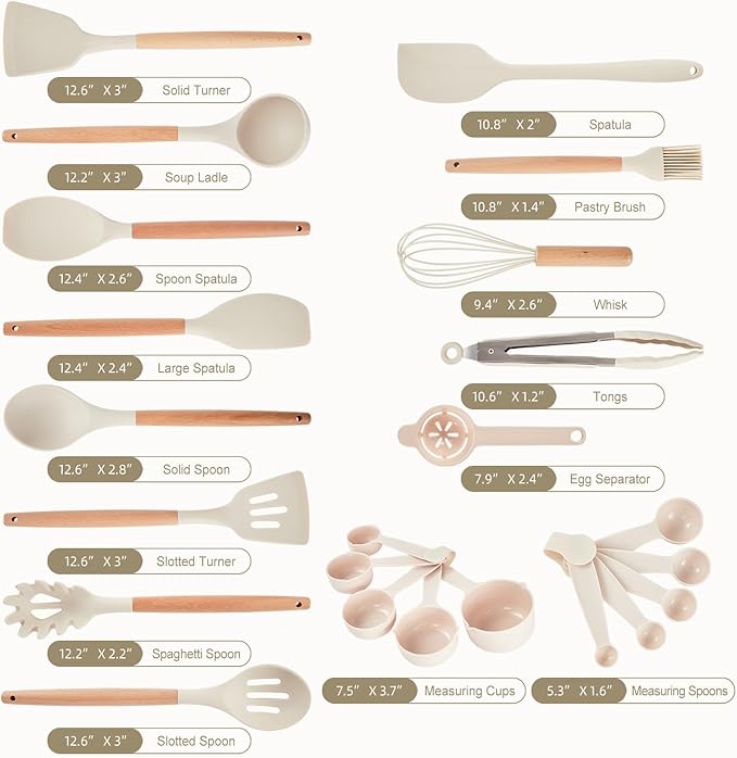 Kitchen Utensils Set - 34 PCS Non-Stick Silicone Cooking Utensils Set Spatula Set with Holder, Wooden Handle Spoon,Brush,Whisk Kitchen Gadgets Tools Set for Nonstick Cookware (Cream White-34P)