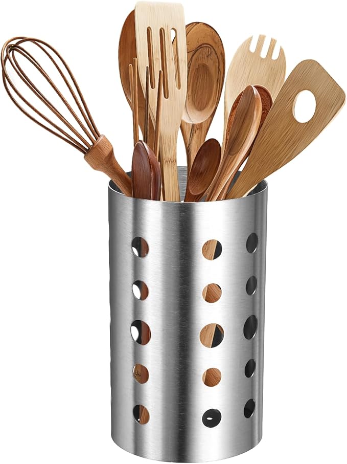 uxcell Kitchen Utensil Holder, 3.9x6.7 Stainless Steel Utensil Cutlery Holder Round Flatware Organizer with Drain Hole for Kitchen Restaurant Countertop Straw, Spoon, Chopstick, Silver