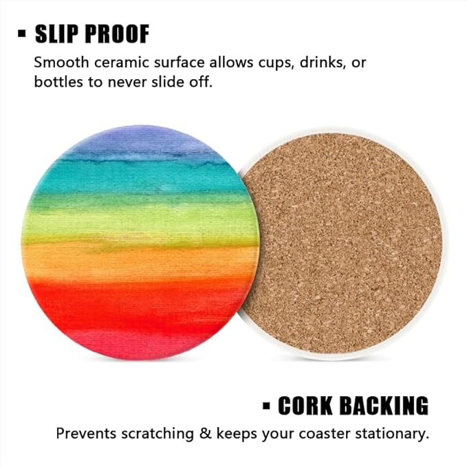Ceramic Stone Cork Coasters for Drinks Tableware, Rainbow Colorful Pattern Round Absorbent Durable Aesthetic Art Cup Mat Protects Tables and Surfaces Set of 1 (4 * 4 Inch)