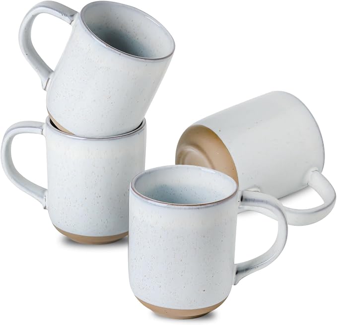 Ceramic Coffee Mugs Set of 4, 14oz Coffee Cups with Large Handle, Stoneware Two-Tone Tea Mugs for Latte, Cappuccino, Bluish White Speckled, Terracotta Base,Housewarming Gift,Dishwasher&Microwave Safe