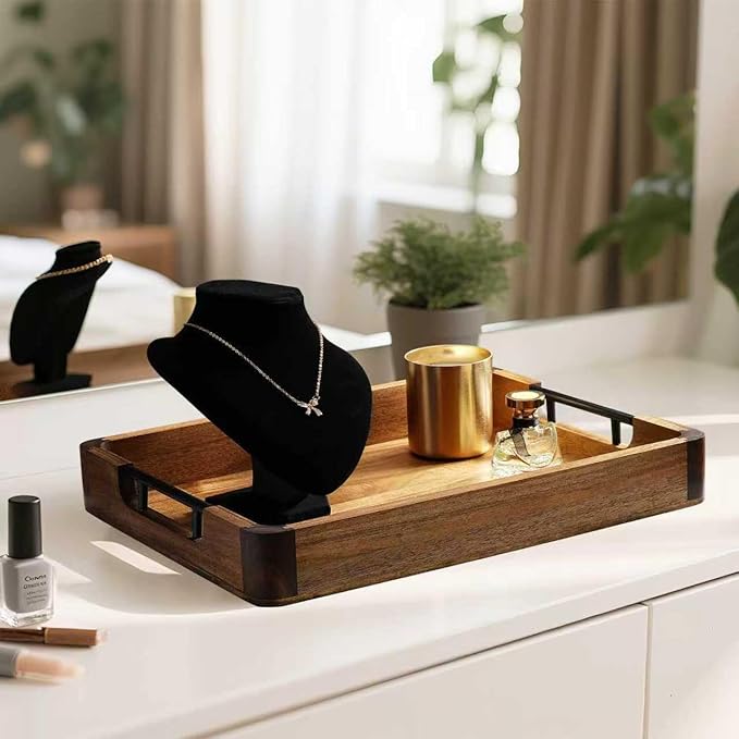 Acacia Wood Extra Large Serving Tray with Handles - Stylish Ottoman Tray for Coffee Table & Kitchen Island Decor | Decorative Trays for Resturant, Cafe, Breakfast, Multipurpose Organzier
