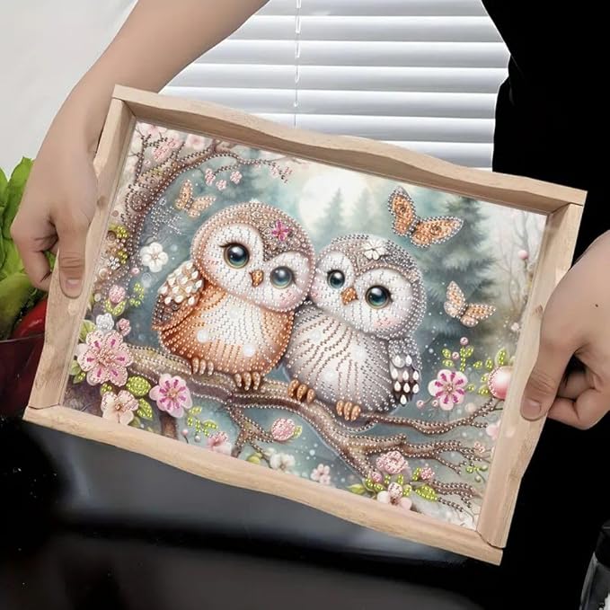 DIY Diamond Serving Tray Rectangular Breakfast Tray with Handle Handmade Diamond Art Painting Wooden Tray for Dinner Plate Coffee Room Living Home Organizer-Owl02