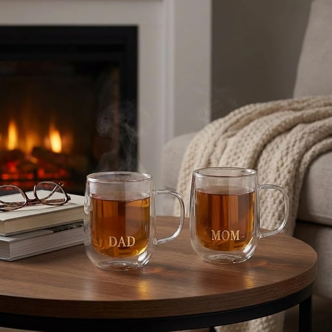 COLLECTIVE HOME - Double Walled Glass Coffee Mugs, Insulated Coffee Mug with Handle, Wedding gifts, 14oz Couple Mug Sets (Mom & Dad)