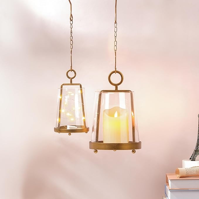 6" & 4" Wide Modern Farmhouse Metal Hurricane Candle Holder with Handmade Sturdy Glass Sleeve in Antique Brass for Pillar Candle & Plants, Glass Hurricane Lantern, Industrial, Minimalistic
