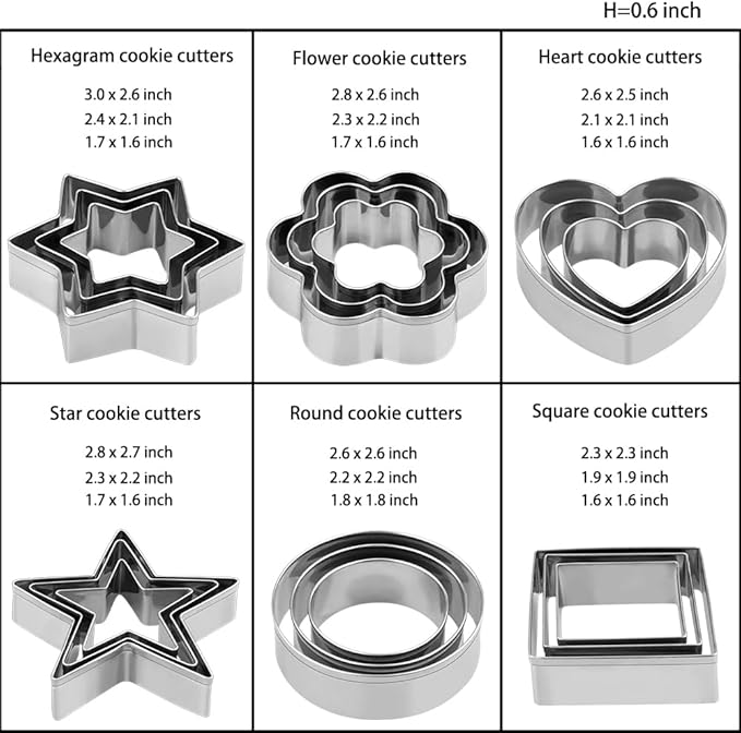 Stainless Steel Cookie Cutters Set, 18 Pieces, Star, Flower, Heart, Circle, Square, Hexagram Shapes