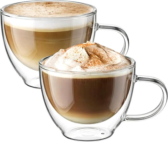 ecooe Double Walled Glass Coffee Mug 12 oz Latte Cappuccino Cups Set of 2, Clear Glass Coffee Cups with Handle, 350 ml Insulated Coffee Cup Borosilicate Heat Resistant Glass Mug Tea Cup