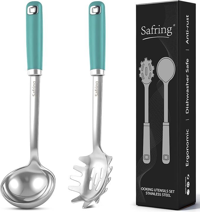 Safring Stainless Steel Soup Ladle and Spaghetti Spoon Set, Heat Resistant Rubber Handle, Dishwasher Safe, Kitchen Utensils for Cooking, Stirring, Serving Pasta, Soup & Sauce (Aqua Sky)