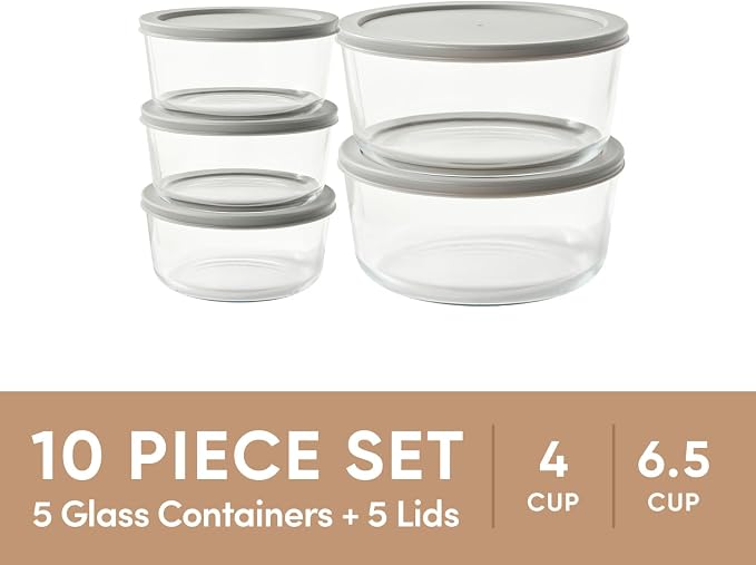 10-Piece Glass Food Storage Containers Set (5 Containers + 5 BPA-Free Lids) | 4-Cup & 6.5-Cup, Leakproof | Microwave, Freezer, Oven & Dishwasher Safe | Ideal for Meal Prep & Pantry Organization, Grey