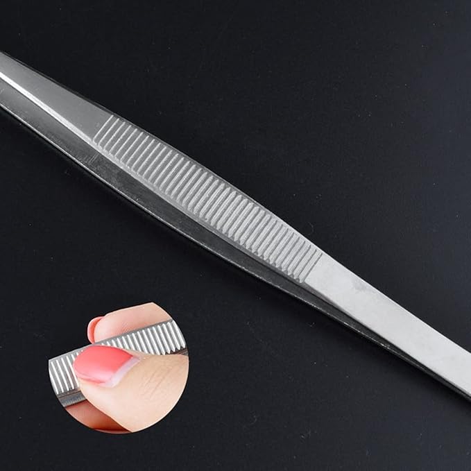 8 Inch Straight Tip Long Forceps Tweezers, Serrated Flat Tips Surgical Tongs Jewelers Needle Metal Sewing Sharp Kitchen Cooking Tweezers With Teeth Knurled Handles (1PCS-200mm)