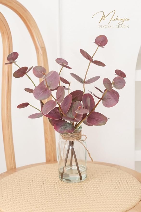 Muhanjia Artificial Eucalyptus Stems in Glass Vase with Faux Water,3Pcs Fake Plant with Double-Sided Purple Leaves for Centerpiece(Double-Sided Purple Eucalyptus)