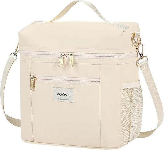 Voova Lunch Bag for Women, Insulated Lunch Box with Shoulder Strap, Adult Reusable Lightweight Nylon Waterproof Lunchbox Lunch bags for Work, Beige