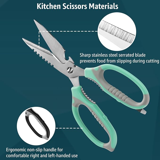 BoFuYuan Kitchen Scissors, 9-Inch Heavy Duty Multipurpose Food Cutting Shears, Detachable Dishwasher Safe, Sharp Serrated Blade, Ergonomic Non-Slip Handle for Food, Meat, Herbs, Green