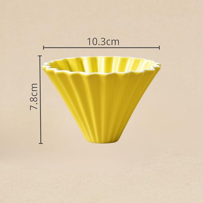Yellow Ceramic Pour Over Coffee Dripper - 10.3×7.8cm Origami-Inspired V60 Cone Filter, Heat Retaining Hand Brew Cup with Deep Grooves for Smooth Flow and Rich Coffee Flavor