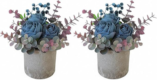 Small Artificial 2pcs Burnt Blue Rose Potted Plant, 6" Fake Silk Flowers in 3" Cylindrical Pot, Mini Faux Floral Arrangement for Desk Shelf Bathroom Decor