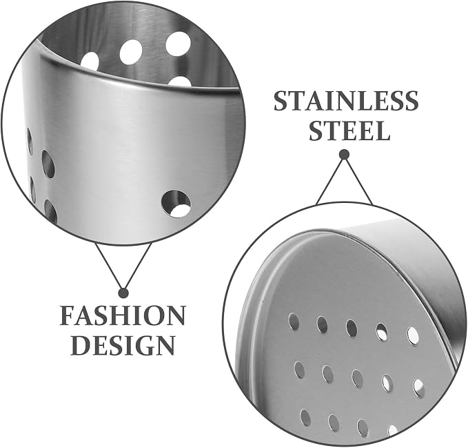 Unomor Stainless Steel Kitchen Utensil Holder with Drain Holes - 7.00 Inch Cutlery Organizer for Chopsticks Spoons & Forks - Countertop Storage for Kitchen Supplies