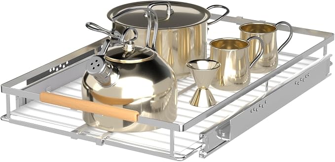 Expandable Pull Out Drawer Cabinet Organizers, Heavy Duty Slide Out Storage Shelf for Home Kitchen Pantry Cupboard Pots Pans, Adjustable Width from 12.1"~18.4", Stainless Steel 1 Pack