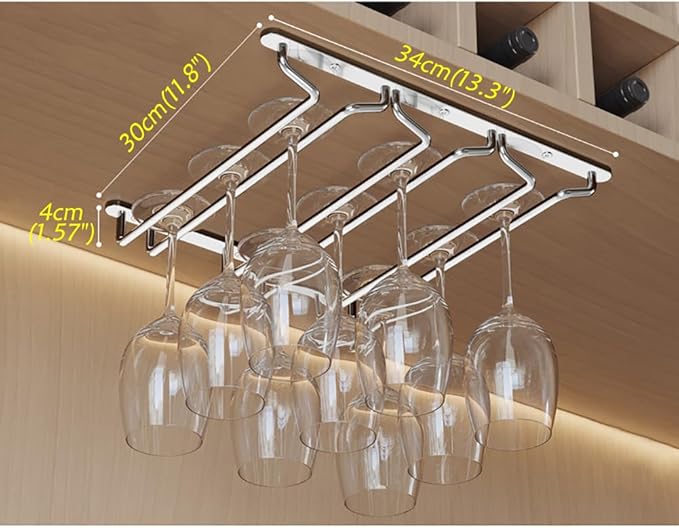CAKERS Under Cabinet Hanging Stemware Display Rack|304 Stainless Steel Wine Glass Holder|Wine Glass Storage Organizer Hanger,3 Rows,30cm(11.8in)